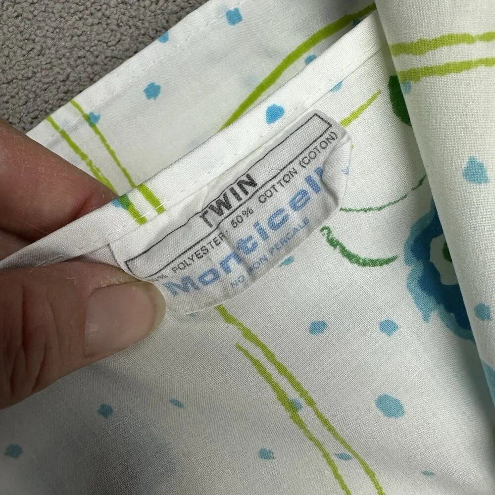 Vtg Cannon Monticello Twin Flat Sheet White Blue Floral Green No Iron Percale
